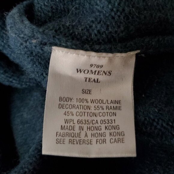 Woolrich Womens Wool V Neck Sweater L Floral Embroidered Teal Blue Gray - Picture 5 of 8